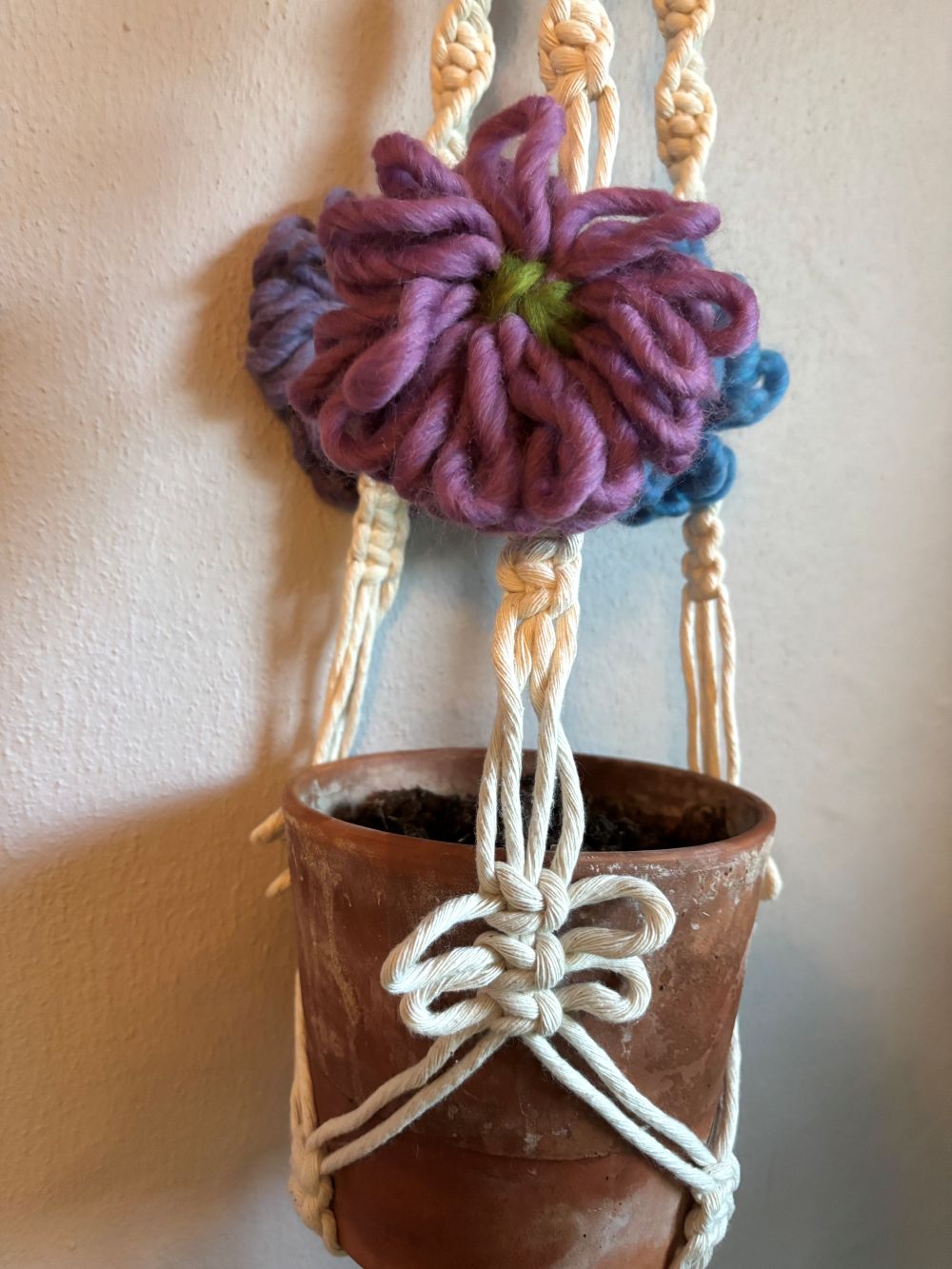 Macrame Plant Hanger with Woven Flowers